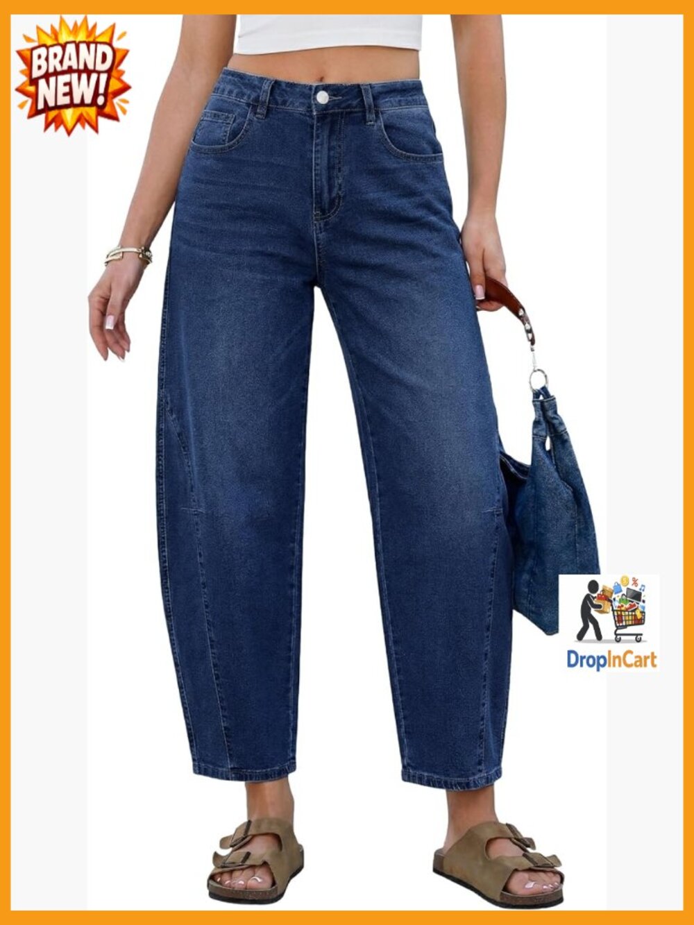 High Waisted Barrel Jeans Cropped Baggy Wide Leg Denim Pants Side Seams Stretchy